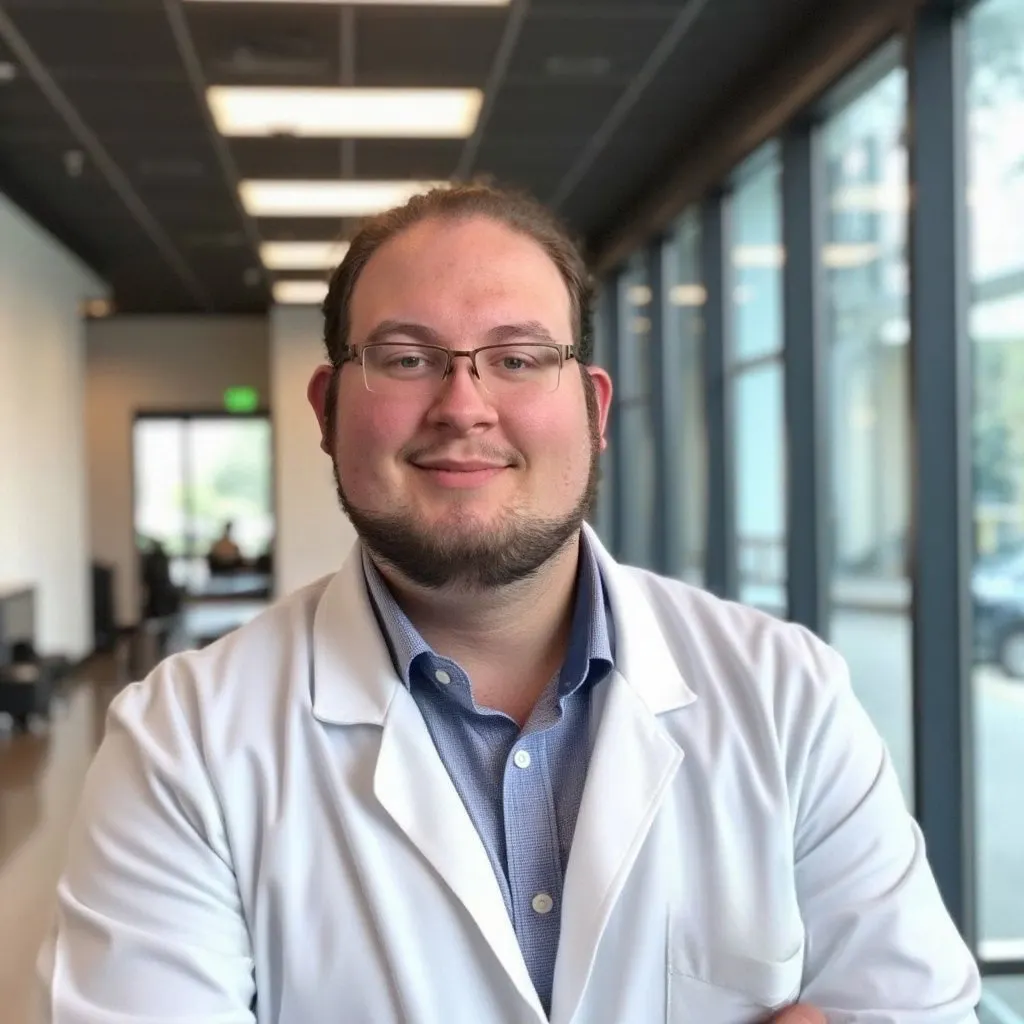 Man wearing glasses, a light blue shirt, and a white lab coat standing with arms crossed in a well-lit hallway with large windows.