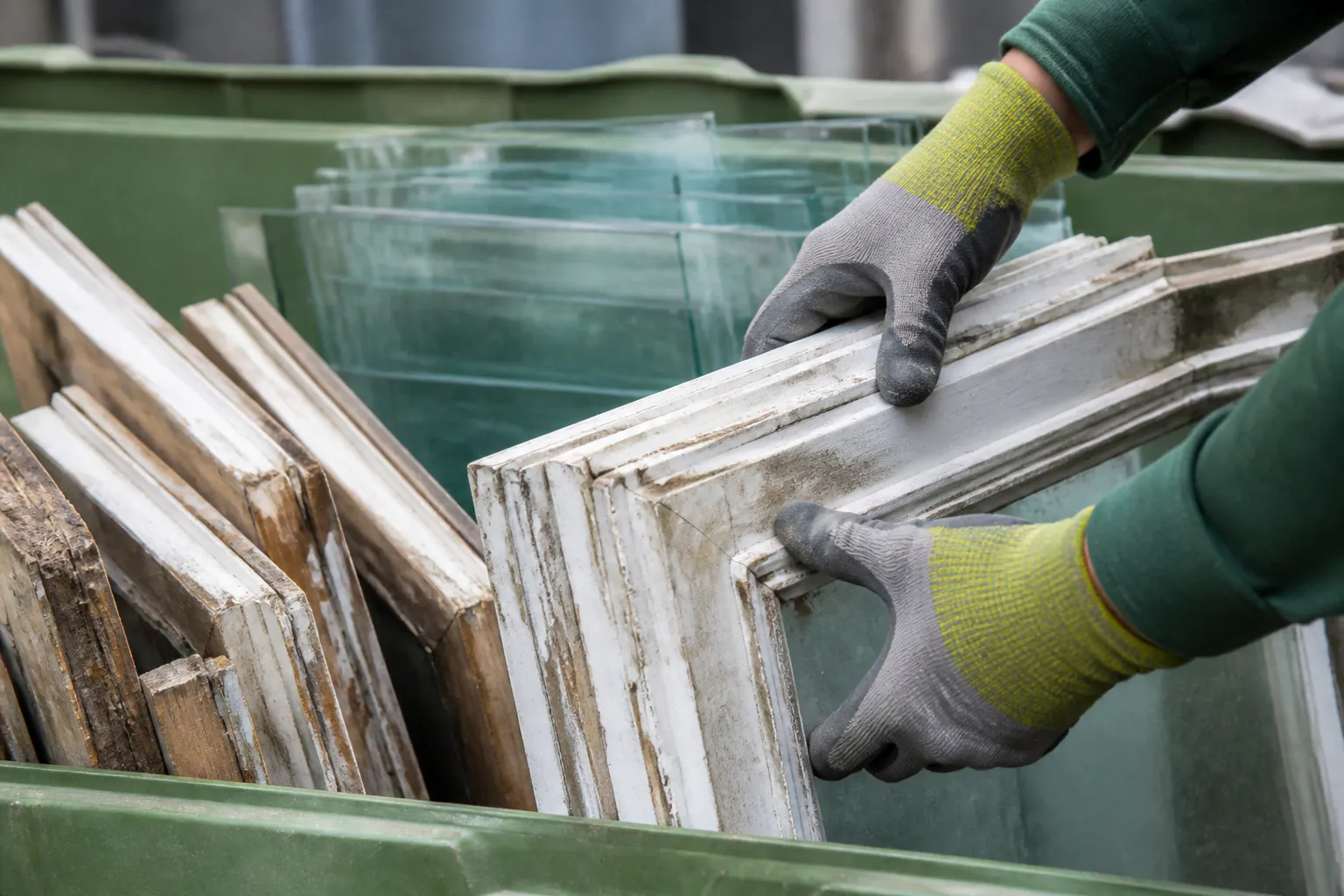 Hands wearing gloves holding old wooden window frames stacked in a green container with glass panes behind them.