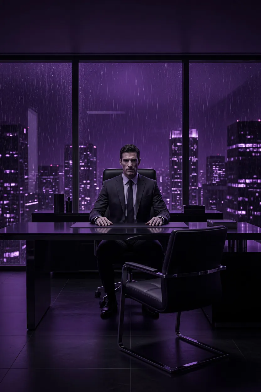 Man at desk with purple city skyline