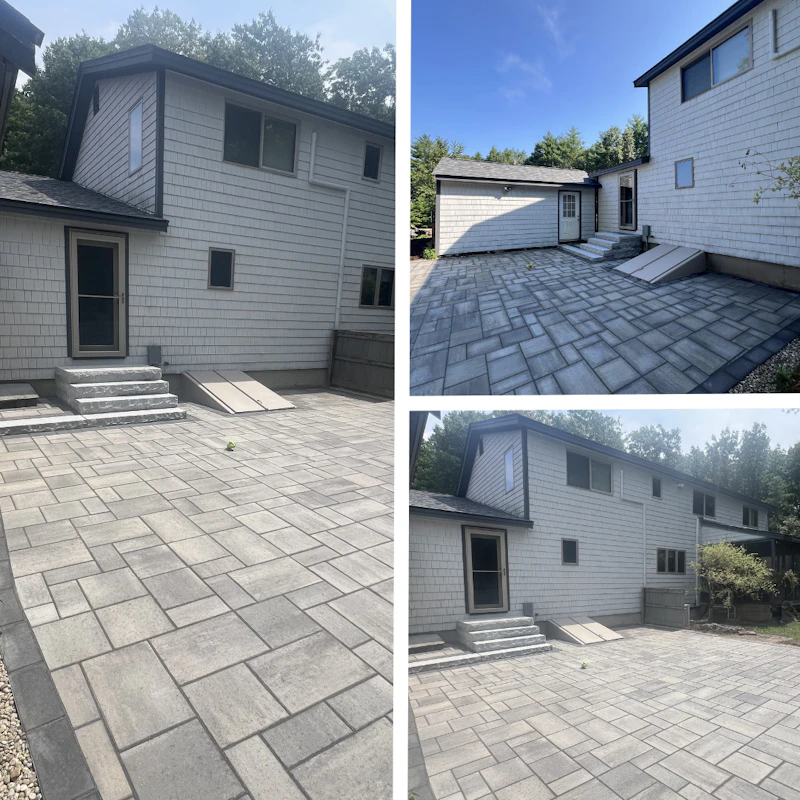 Backyard patio with light gray stone pavers, a real Charest Builders patio project