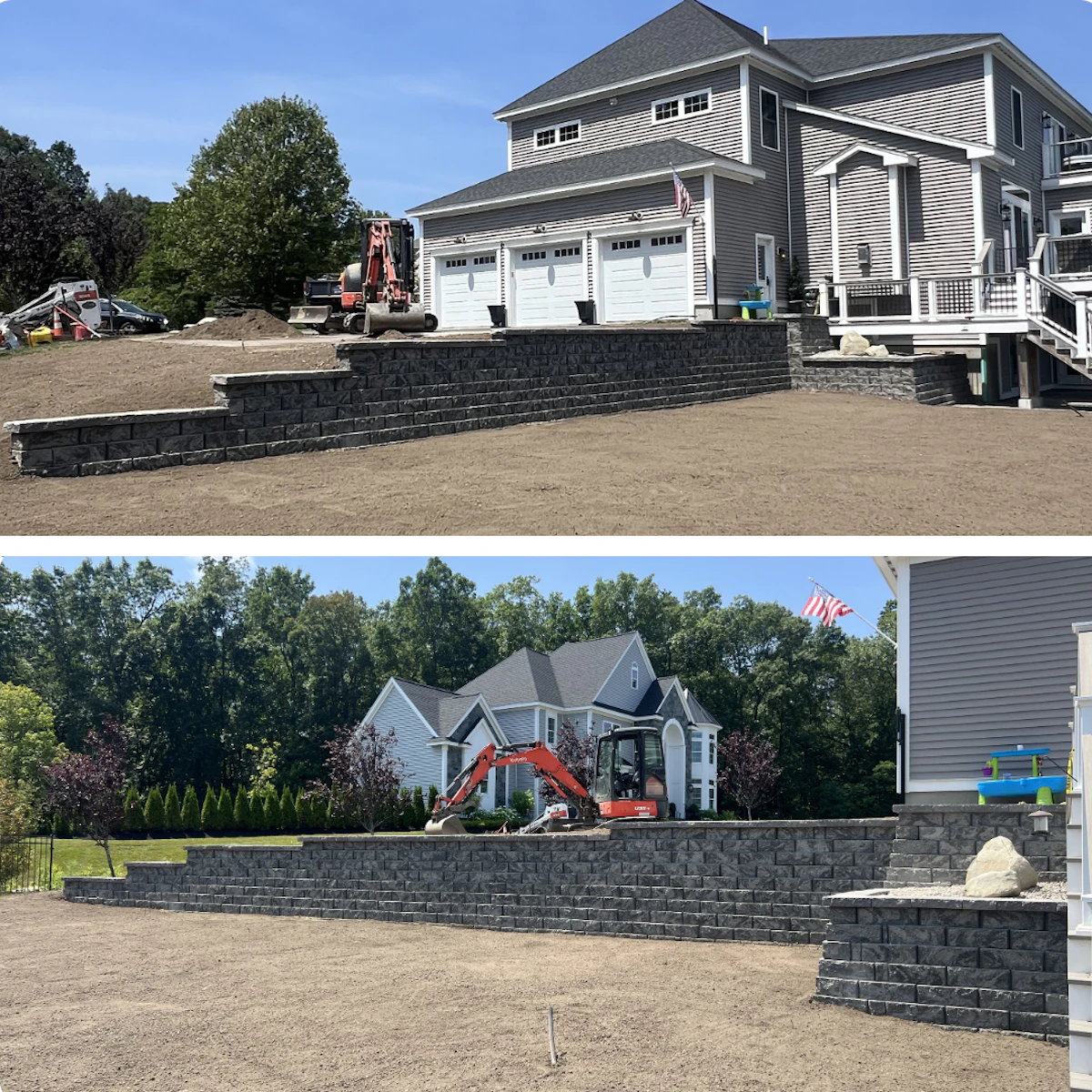 Newly constructed dark stone retaining wall around a home in Plaistow, NH, built by Charest Builders