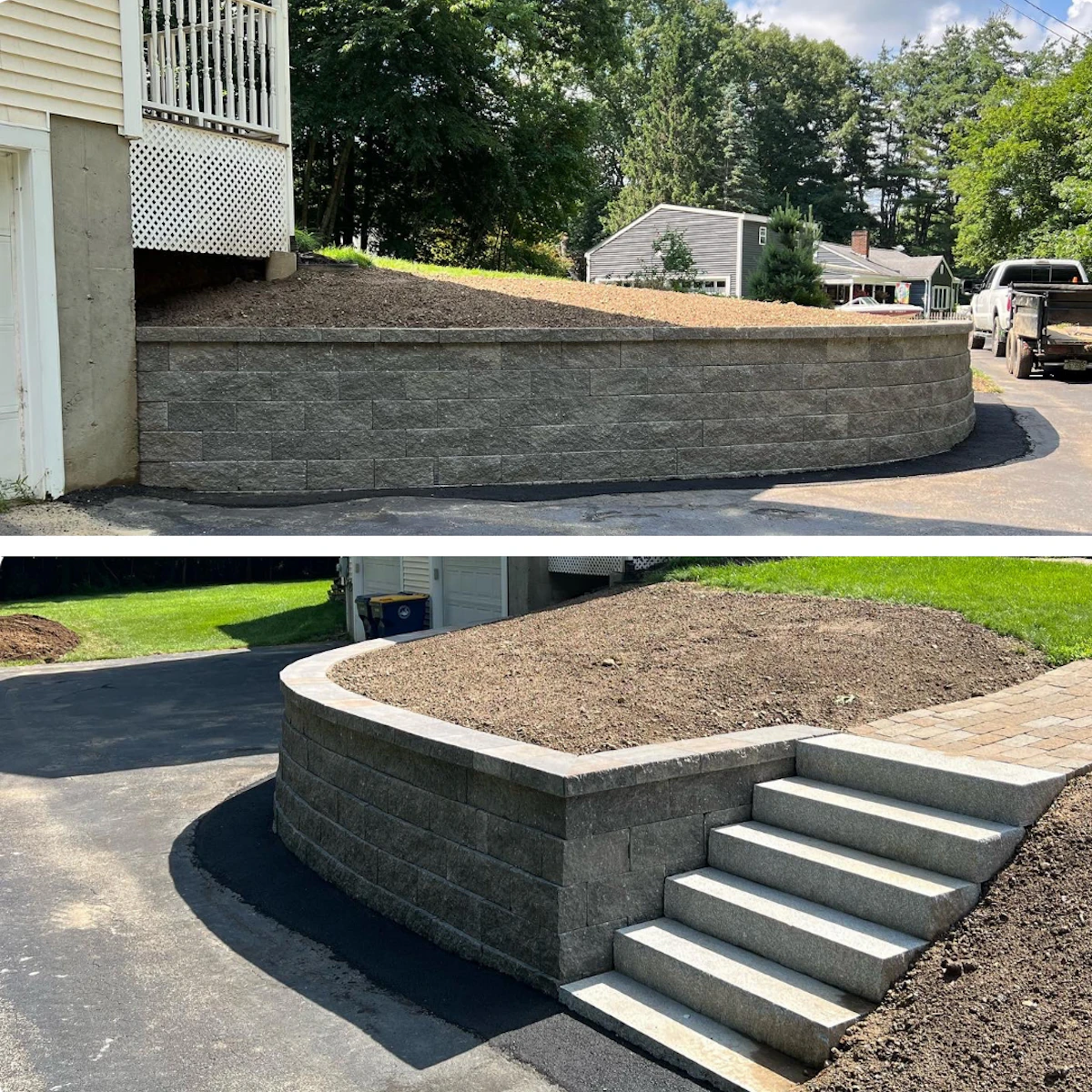 Curved stone retaining wall with stone steps leading to a raised planting bed, a Charest Builders project