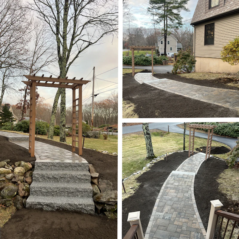 Curved paver walkway with a wooden pergola and stone steps, a real Charest Builders walkway project