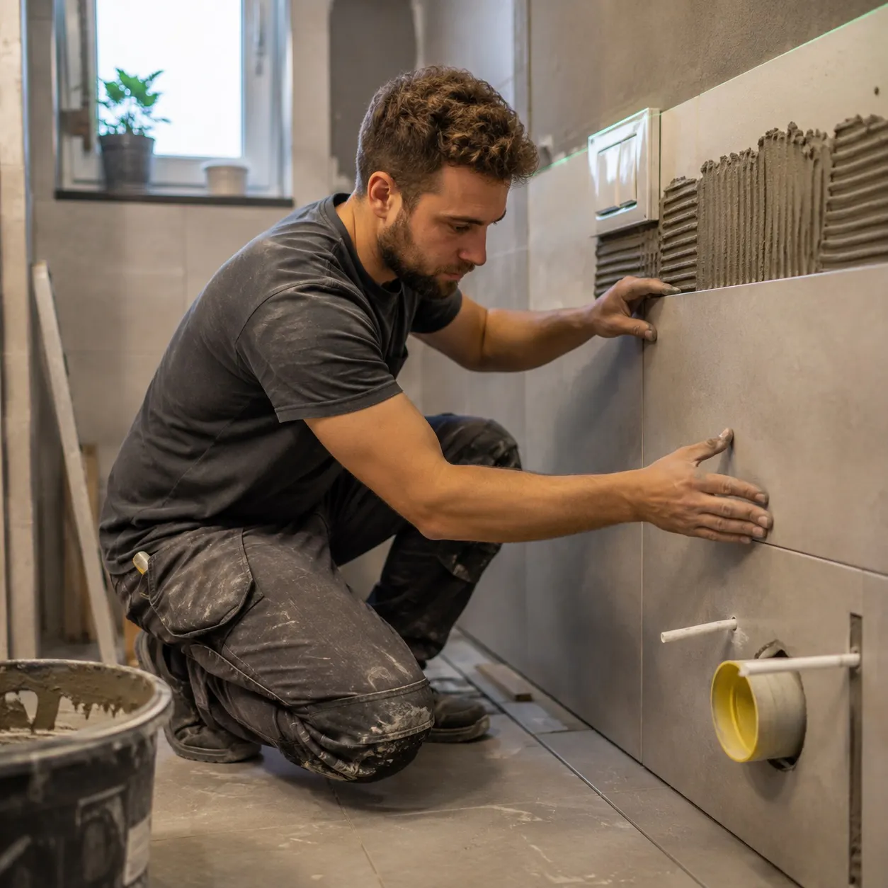 Mann kniet und verlegt großformatige Wandfliesen in einem Badezimmer mit grauem Fliesendesign.