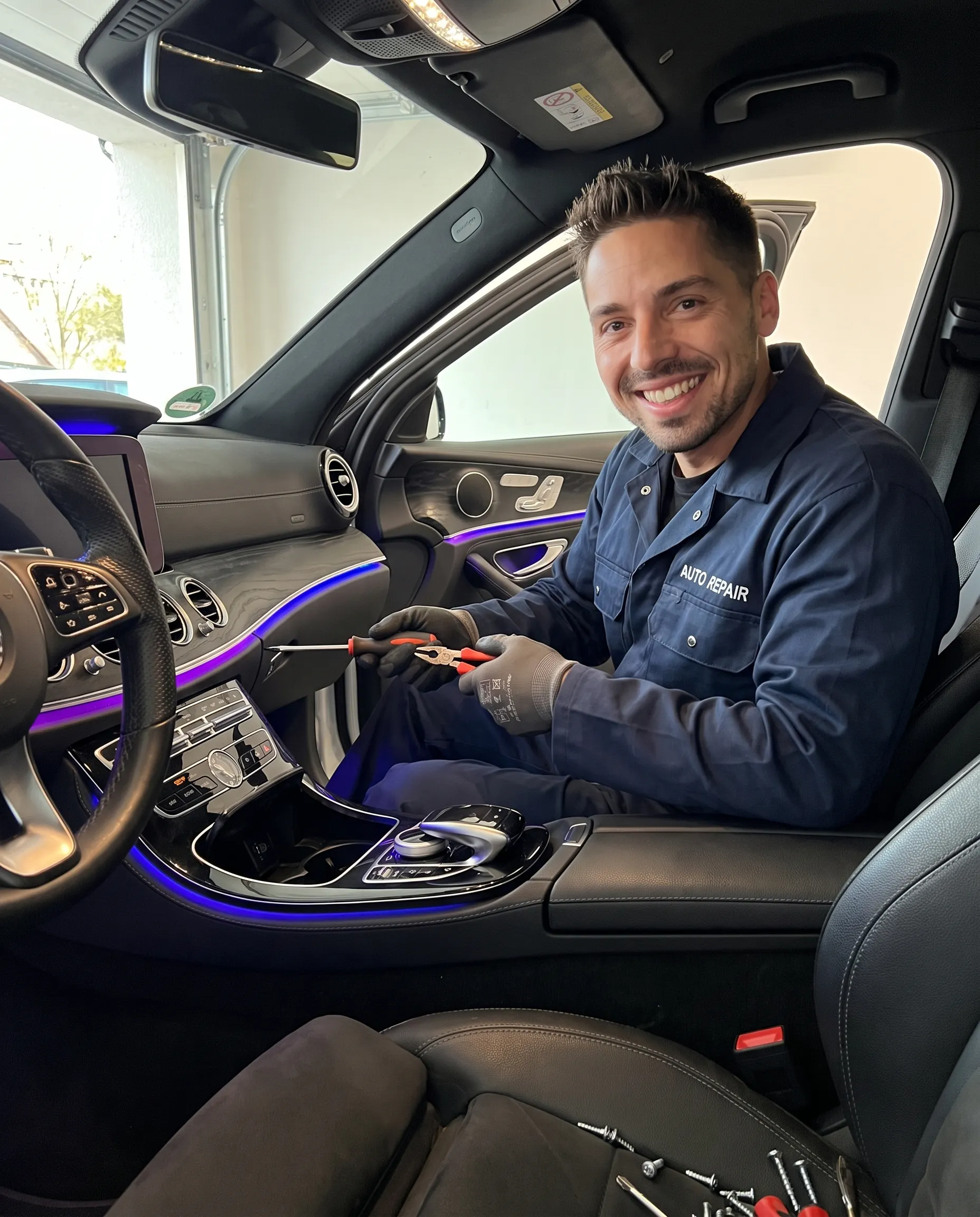 Man wearing a blue "Auto Repair" uniform sitting inside a car, holding a screwdriver and pliers, smiling, with screws and tools on the passenger seat.