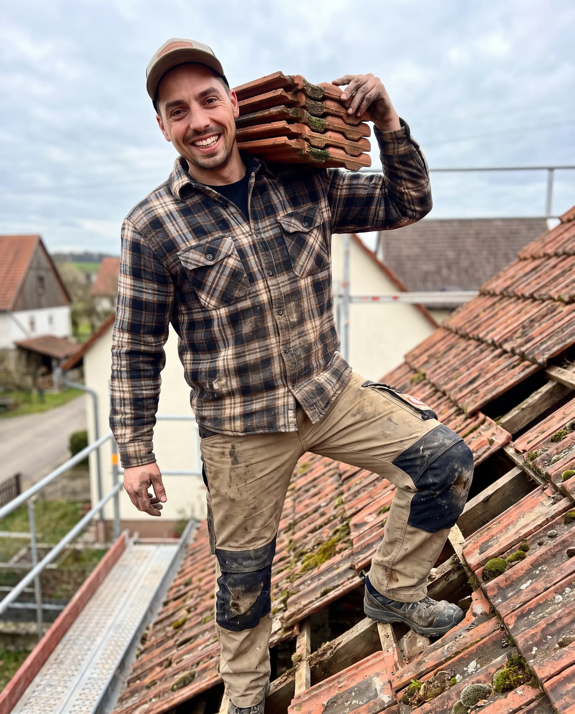 Man in workwear with dirty gloves and boots standing on a roof under construction, holding a stack of roof tiles on his shoulder, smiling at the camera.