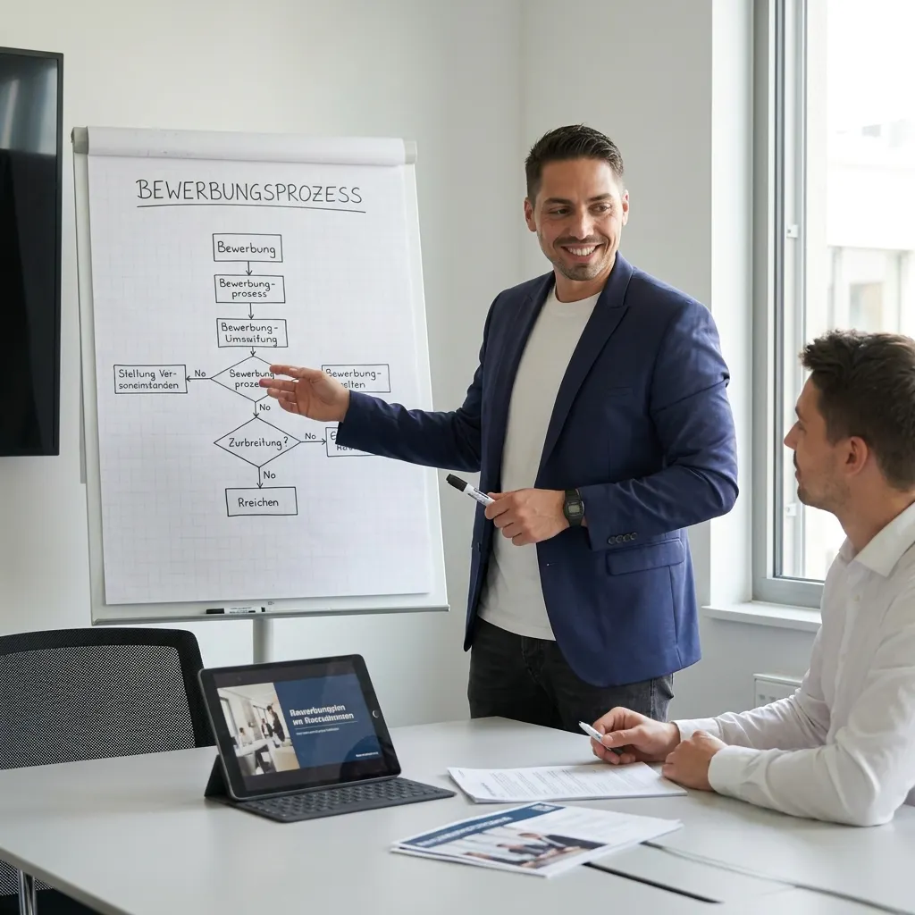 Man in blue blazer explaining a flowchart titled "Bewerbungsprozess" to a seated man, with a tablet and documents on the table in a bright office setting.