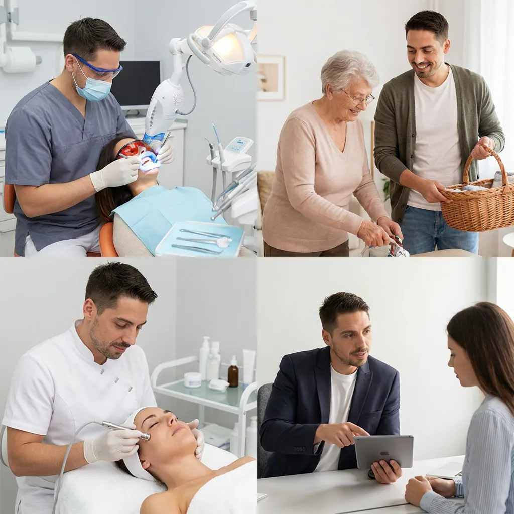 Dentist performing teeth whitening, elderly woman with man sorting clothes, cosmetologist treating woman’s face, man in suit consulting woman with tablet.