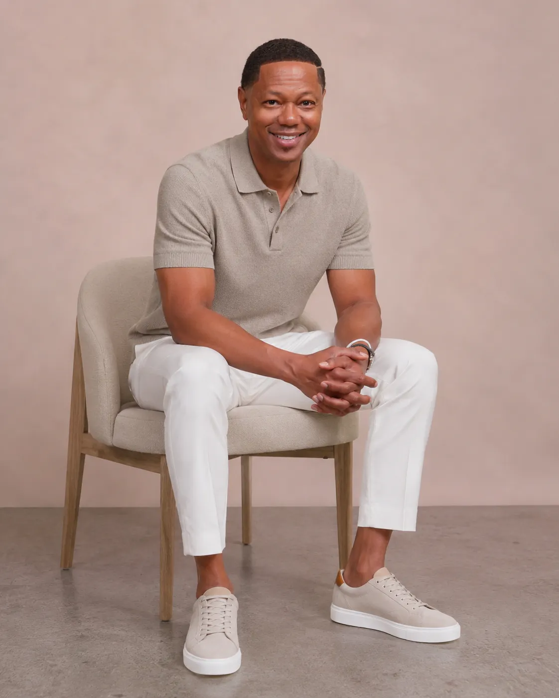 Man sitting on a beige chair wearing a light brown short-sleeve polo, white pants, and beige sneakers with his hands clasped and smiling at the camera.