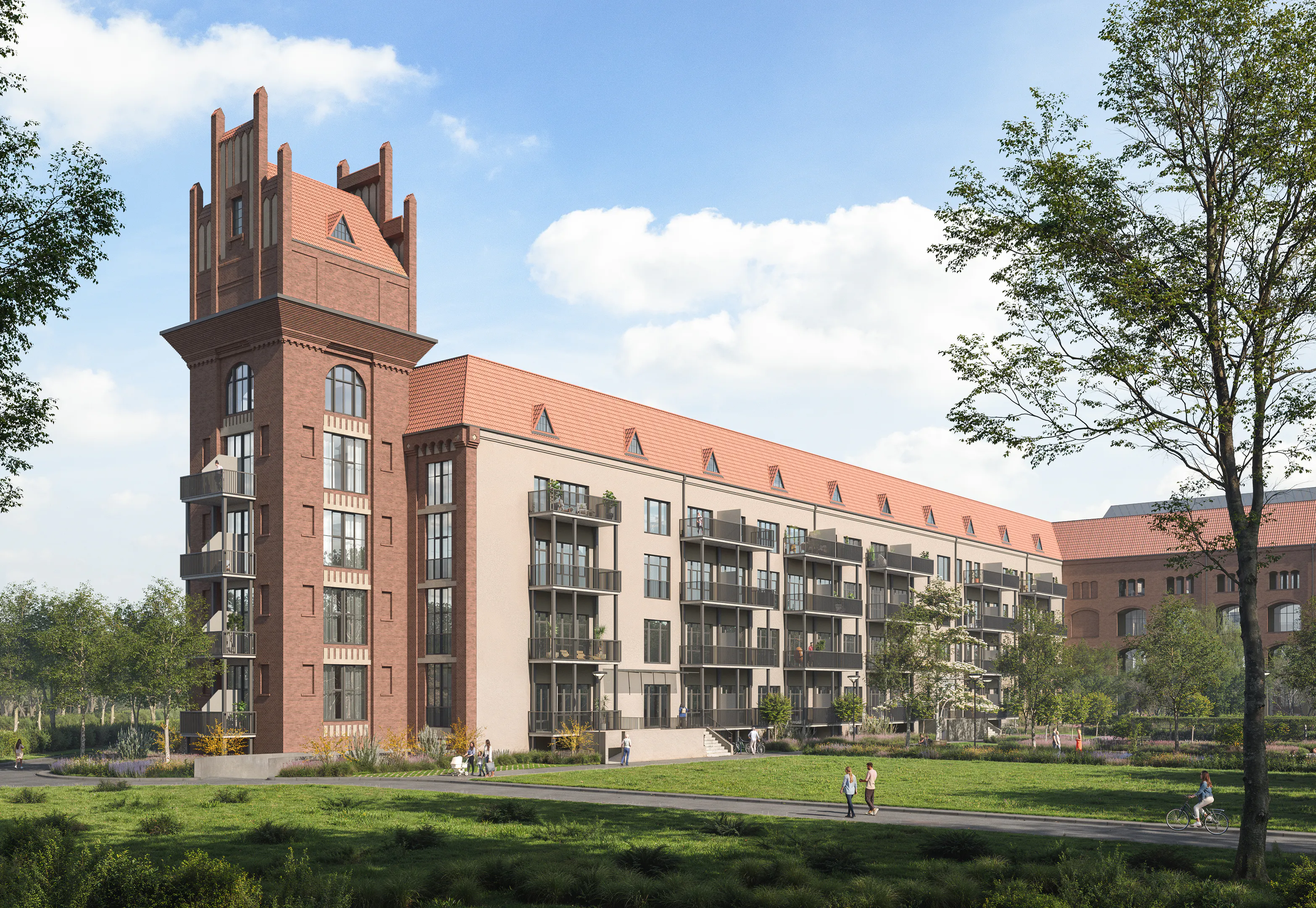 Gesamtansicht des Salzmann Quartiers mit historischem Turm