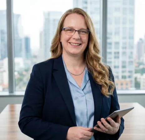 Woman wearing glasses and business attire, holding a tablet, standing in an office with large windows showing high-rise buildings outside.