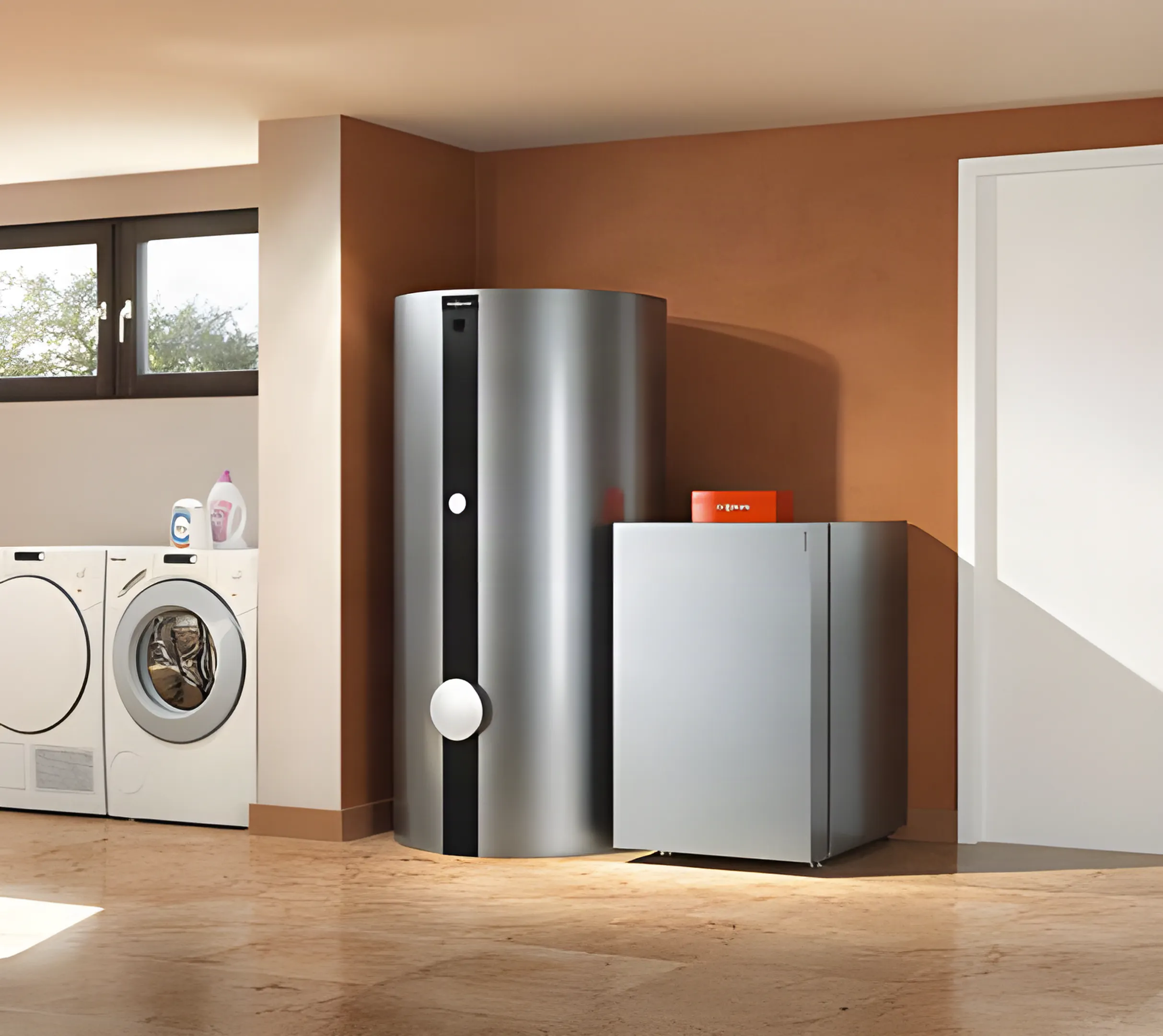 Großer silberner Warmwasserspeicher und quadratischer Ölkessel in einem Hauswirtschaftsraum neben weißen Waschmaschine und Trockner.