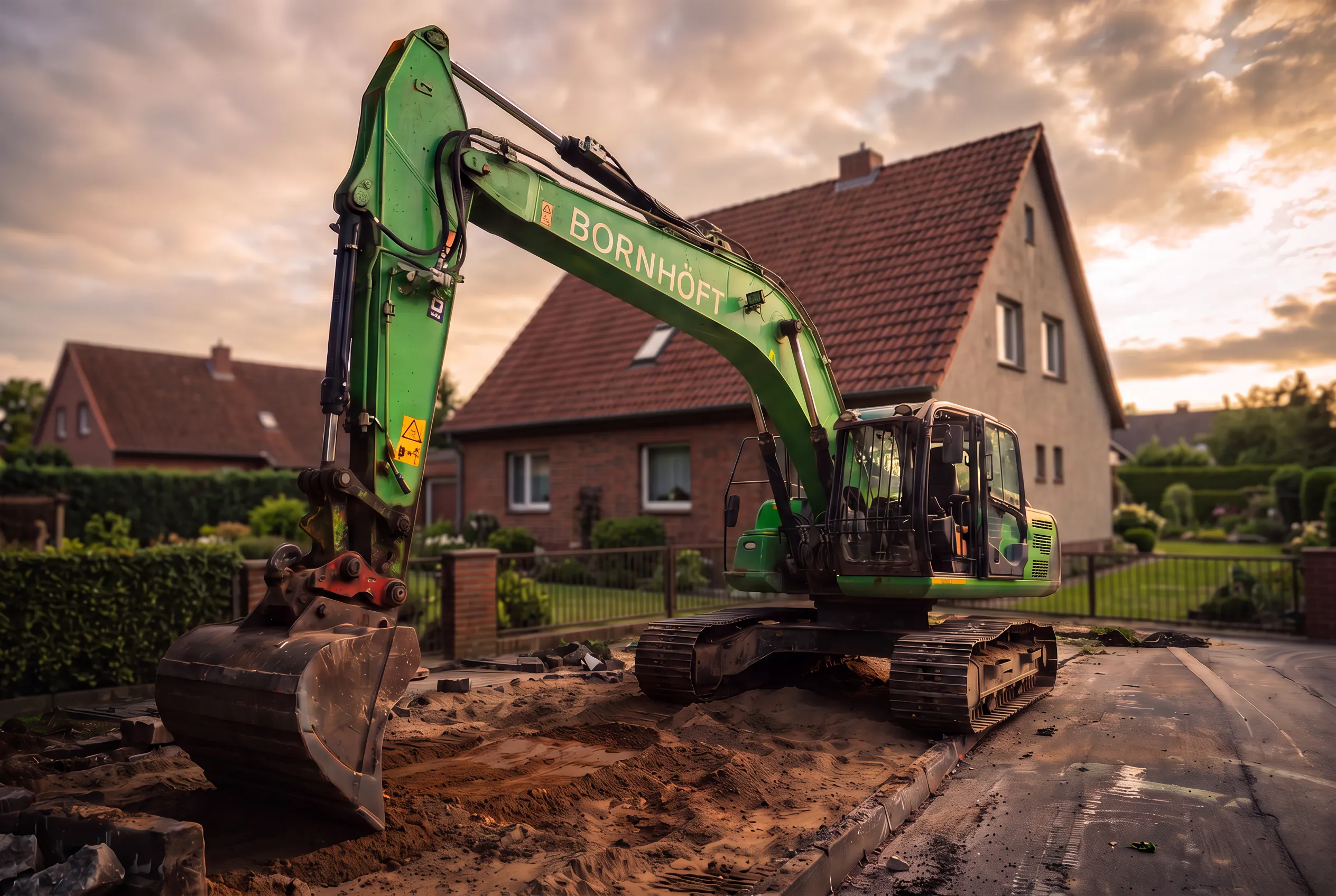 Grüner Bagger mit dem Schriftzug "BORNHÖFT" steht auf einer Baustelle vor einem Wohnhaus mit Sand und Pflastersteinen.