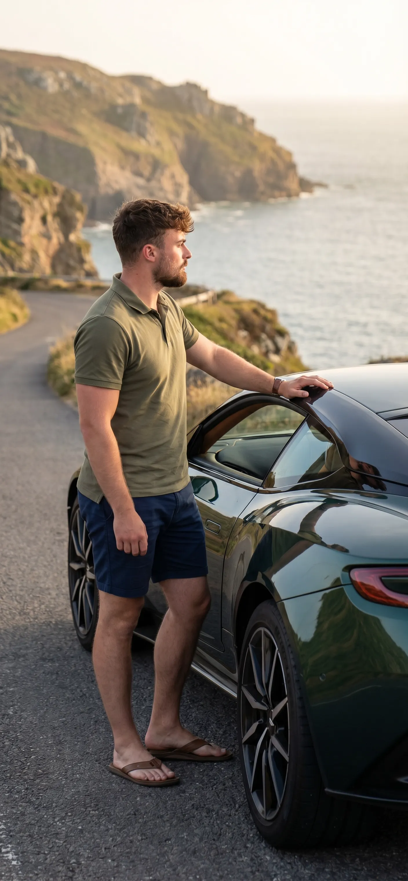 Josh Hay standing beside a car on the Cornish coast