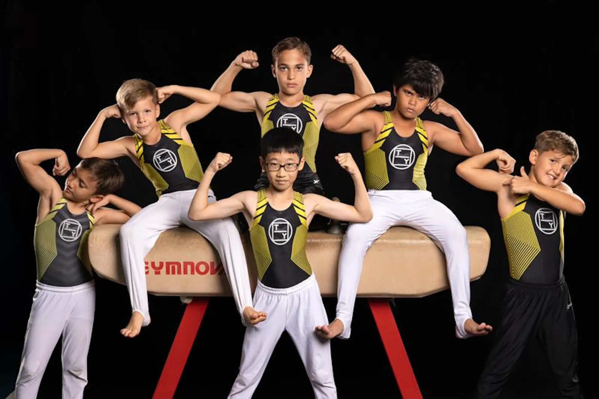 Young Yard boys gymnasts flexing on a pommel horse