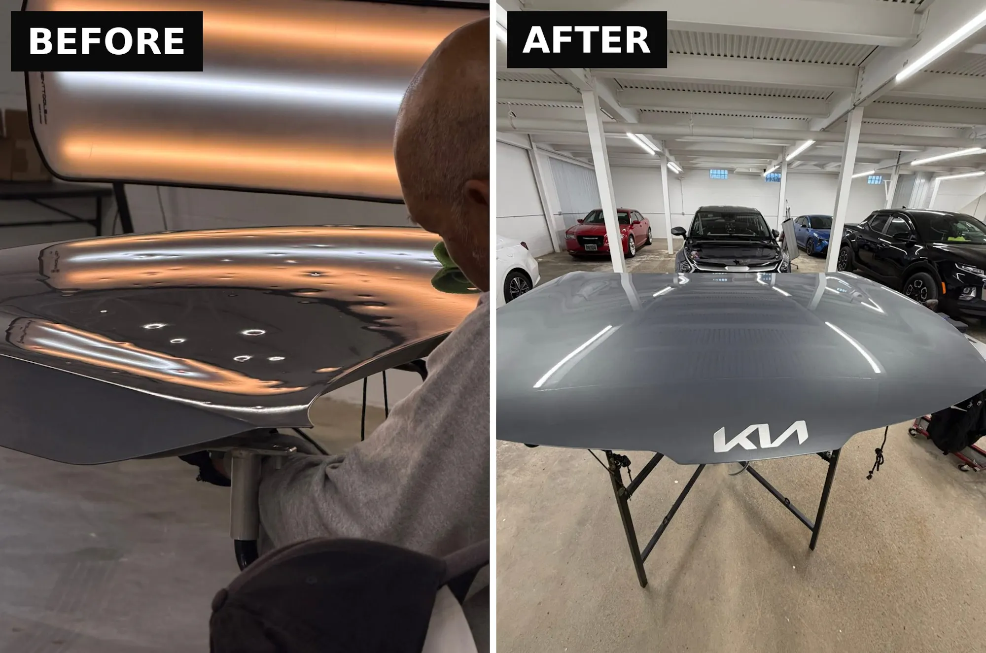 Kia hood before and after hail dent repair