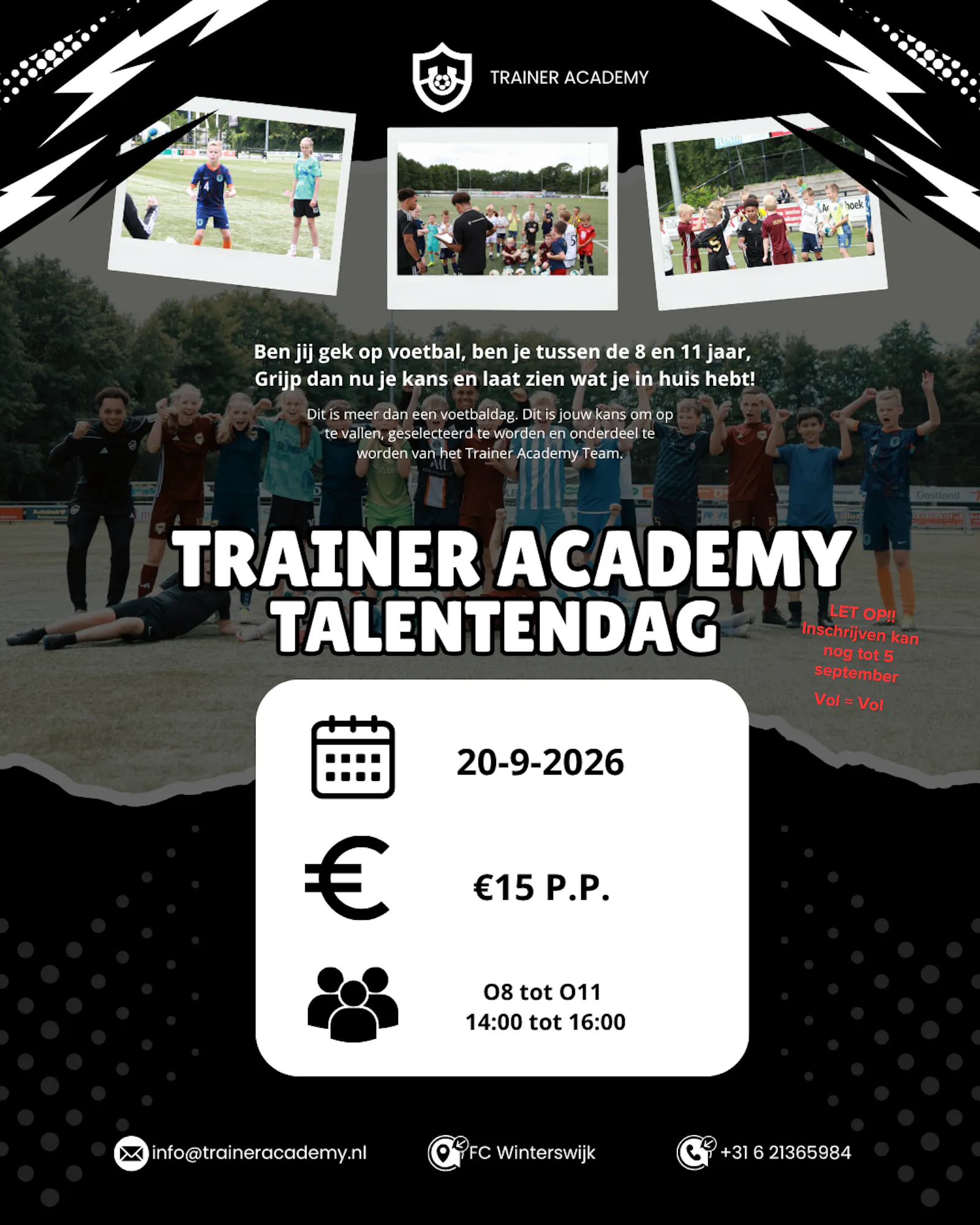 Poster van de Trainer Academy Talentendag met jonge voetballers
