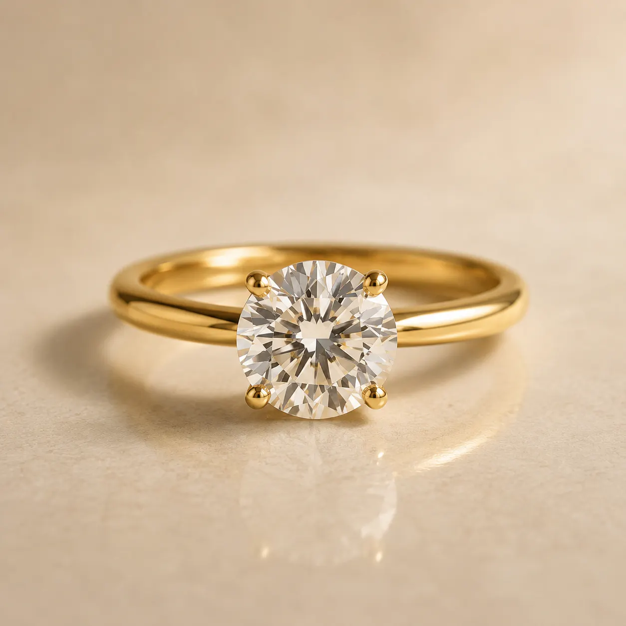Gold ring with a large round-cut diamond solitaire held by four prongs on a beige surface.