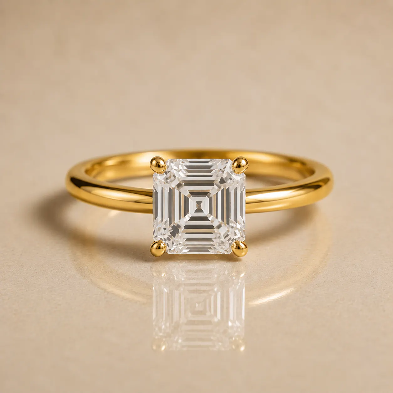 Yellow gold ring with a square-shaped clear gemstone held by four prongs, reflected on a smooth beige surface.