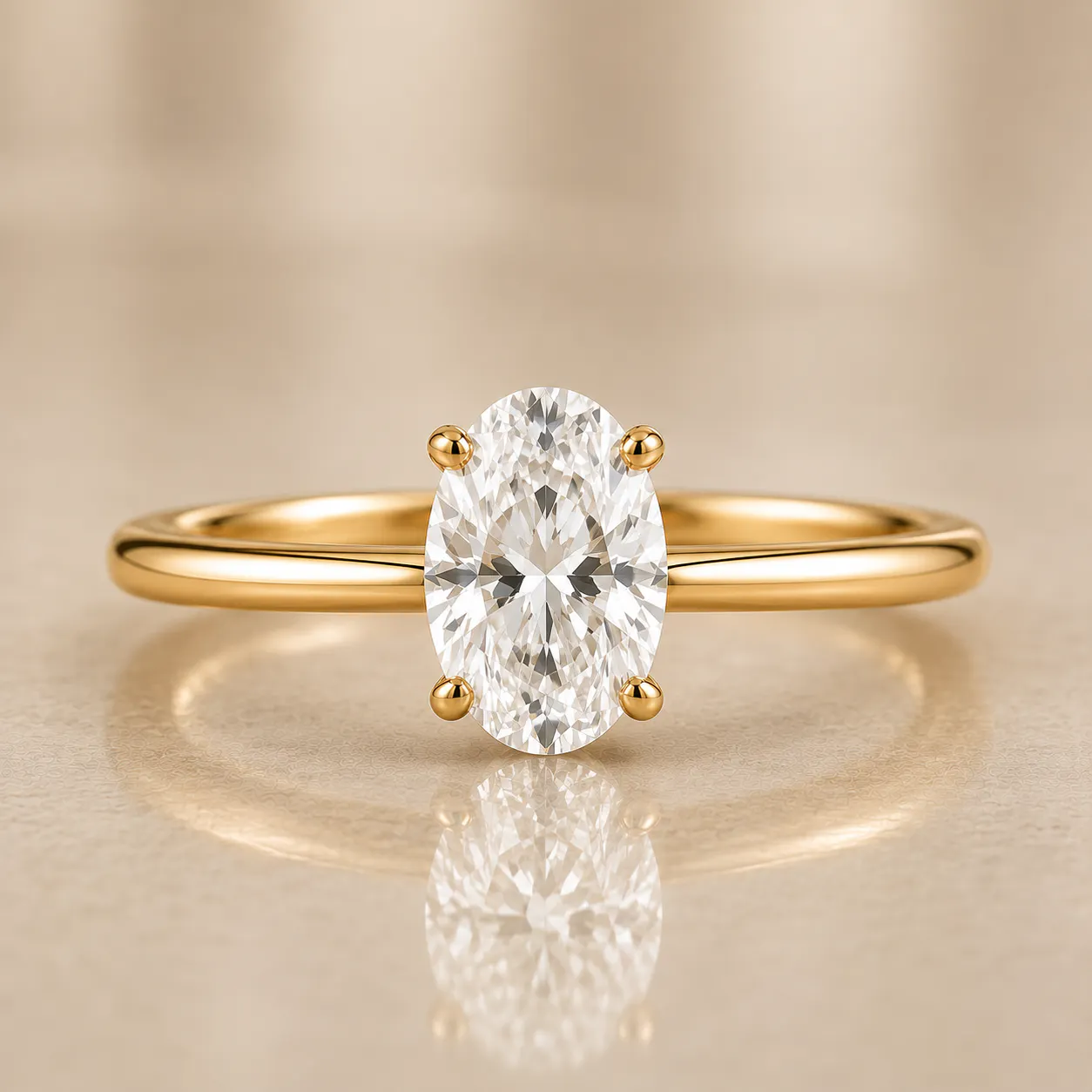 Oval-cut diamond solitaire set in a four-prong yellow gold band with a reflective surface beneath the ring.