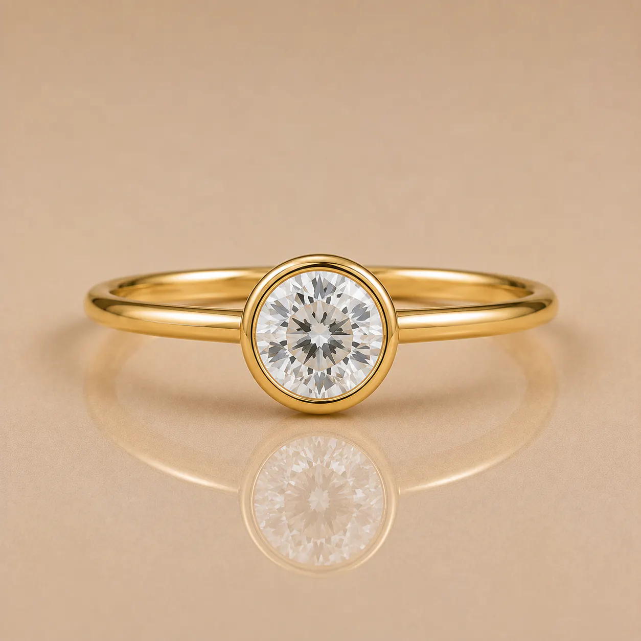 Gold ring with a round, bezel-set diamond solitaire, reflecting on a smooth beige surface.