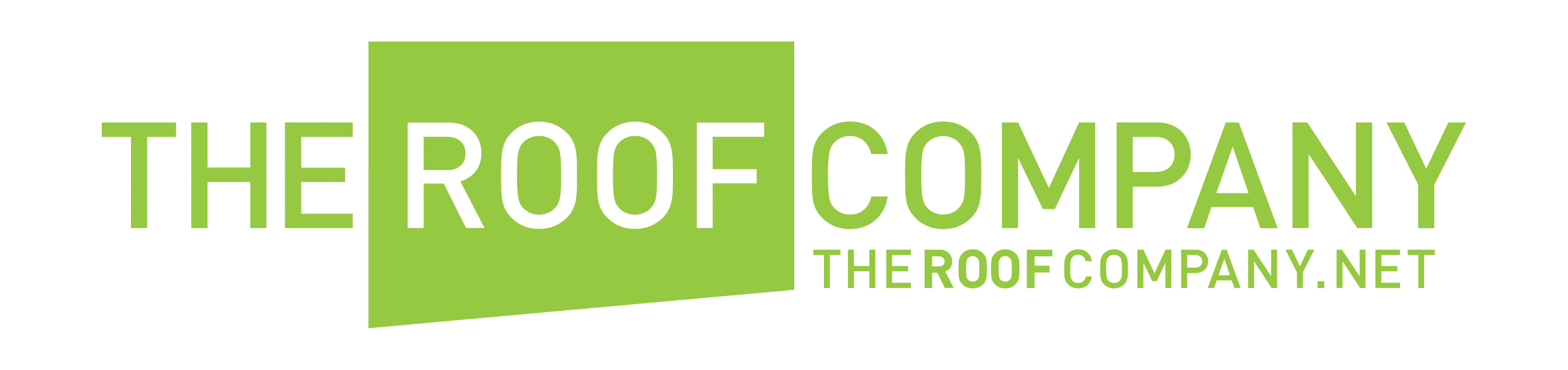 Logo text reading "THE ROOF COMPANY" with "ROOF" highlighted in a green parallelogram and website URL "THE ROOF COMPANY.NET" below in green.