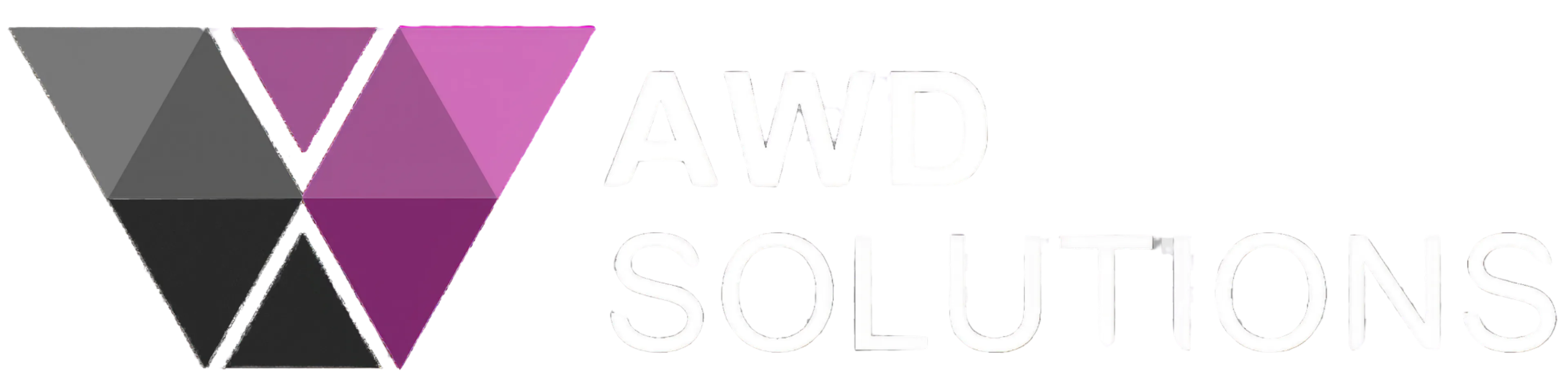 Geometric logo composed of black, dark gray, purple, and pink triangles forming an abstract shape next to the text "AWD SOLUTIONS" in white uppercase letters.