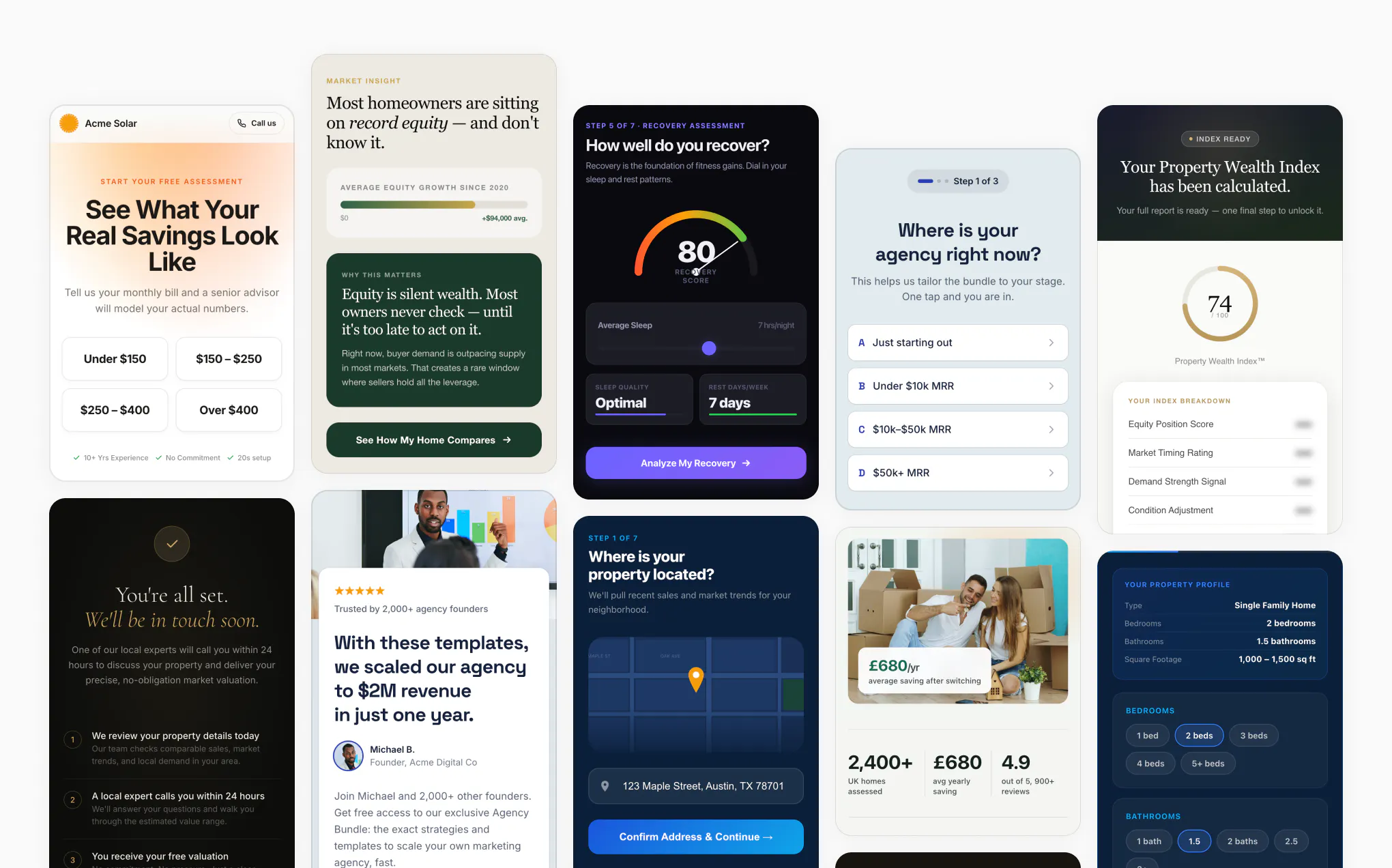 Multiple mobile app screens displaying financial and property assessment tools, including savings estimation, equity growth, recovery score, property location input, agency revenue testimonial, and pr