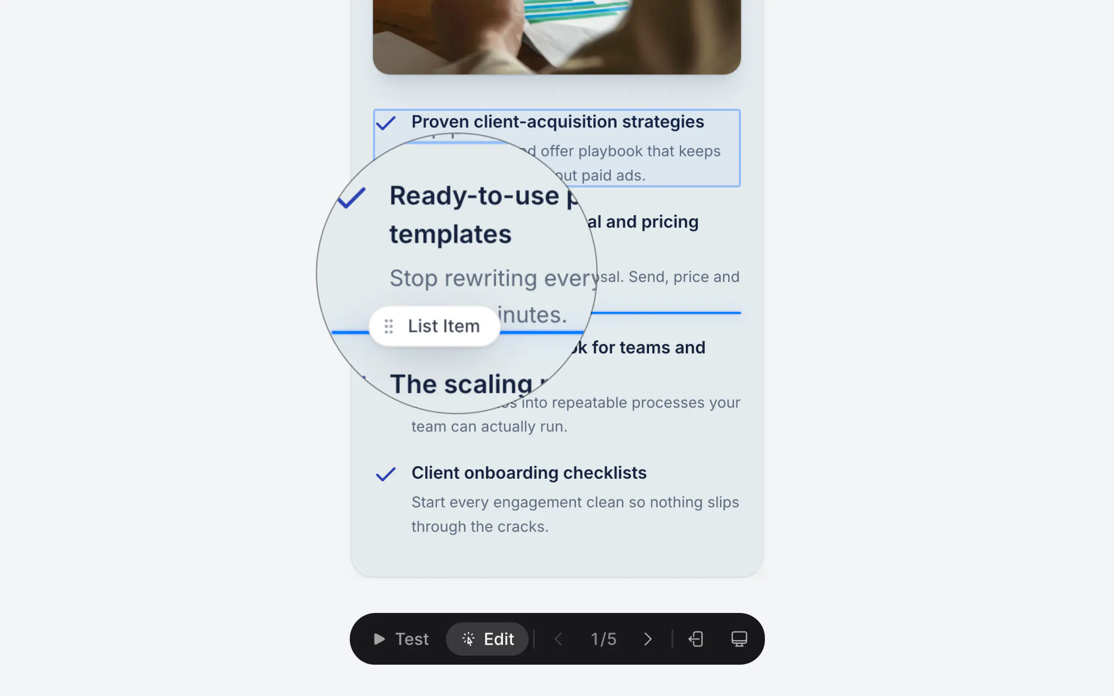 Part of a checklist with items like "Ready-to-use templates," "The scaling playbook for teams," and "Client onboarding checklists," with one item selected and magnified.