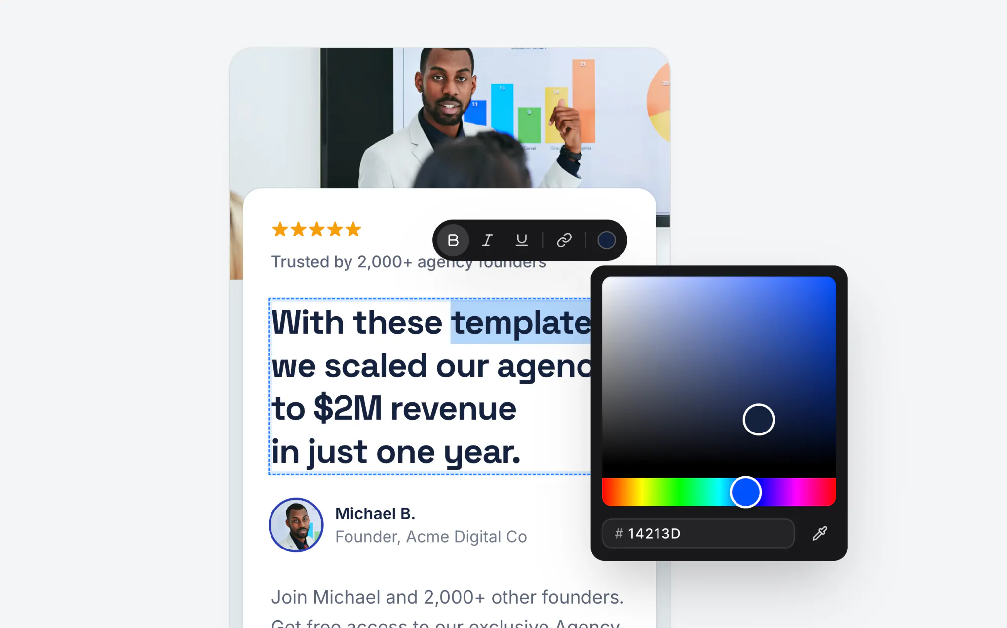 A man in a light suit presenting a bar chart, with a highlighted text box showing a testimonial about scaling agency revenue to $2M in one year.