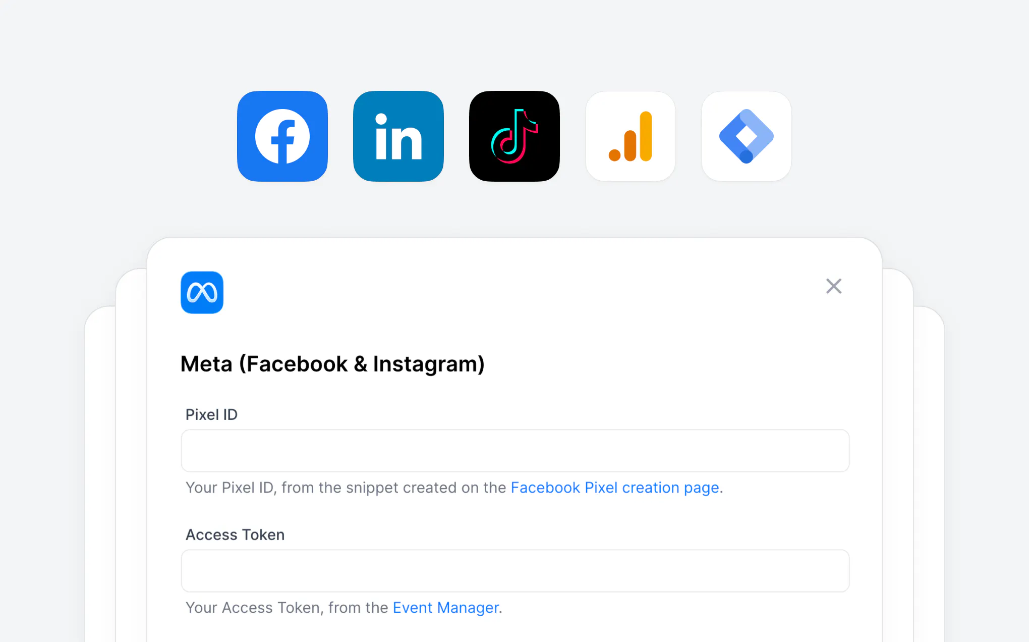 Form for entering Meta Pixel ID and Access Token for Facebook and Instagram integration, with icons for Facebook, LinkedIn, TikTok, Google Analytics, and Google Tag Manager above.