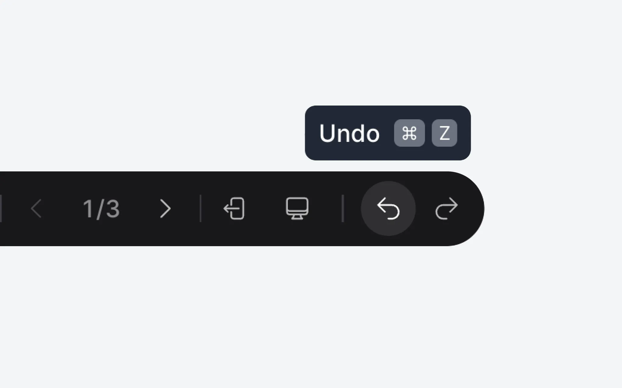 Undo button with shortcut command and Z keys, pagination display showing 1 of 3, and icons for logout and display settings on a dark toolbar.