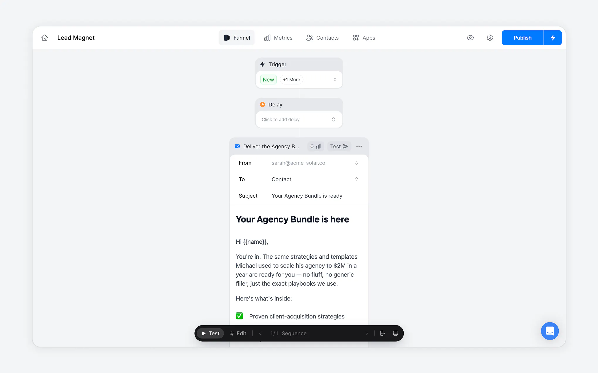 Email automation interface showing a funnel with a trigger set to New, a delay option, and an email draft titled "Your Agency Bundle is here" with customizable contact fields.