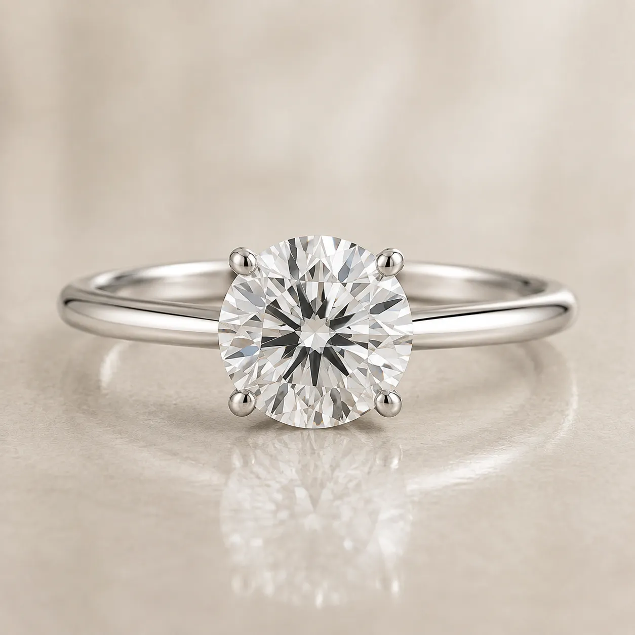 Round brilliant-cut diamond solitaire ring set in a four-prong white metal band, reflecting on a beige surface.