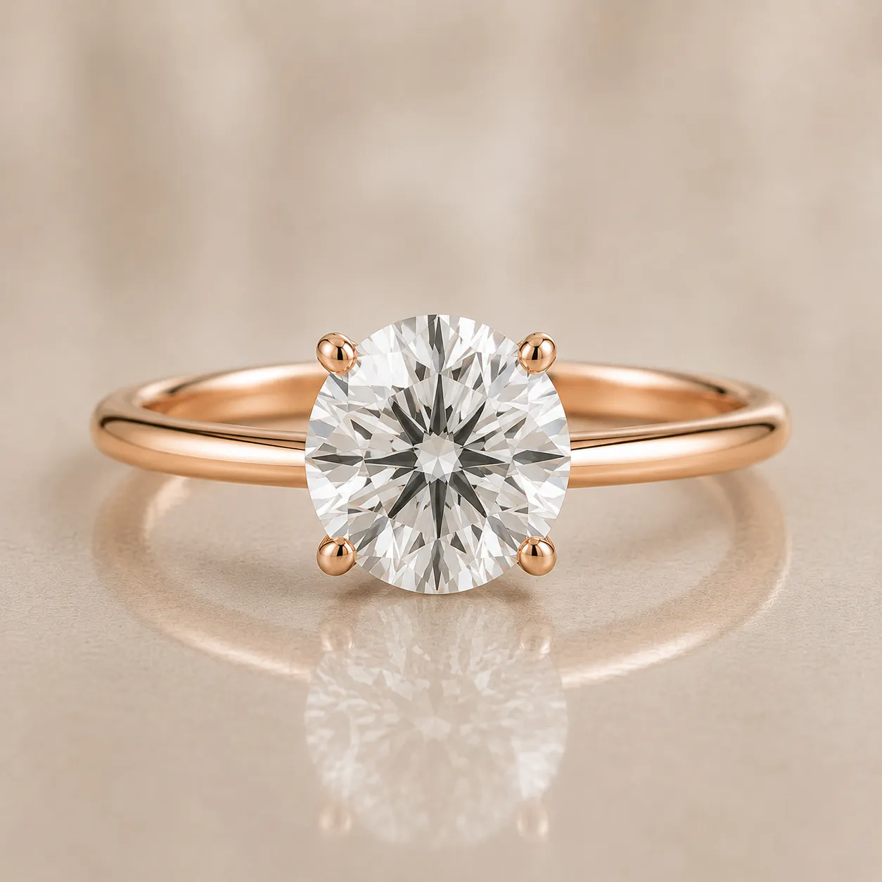 Round brilliant-cut diamond solitaire set in a four-prong rose gold band ring, with a reflective surface beneath.