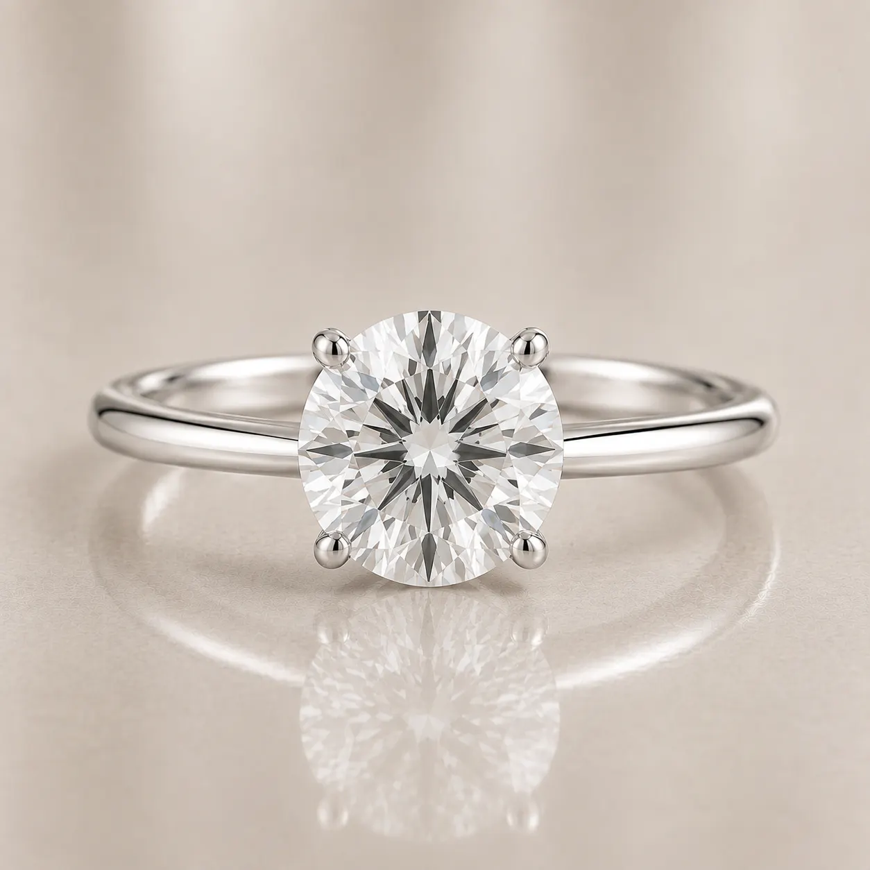 Solitaire engagement ring with a round brilliant diamond set in a four-prong white gold or platinum band on a reflective beige surface.