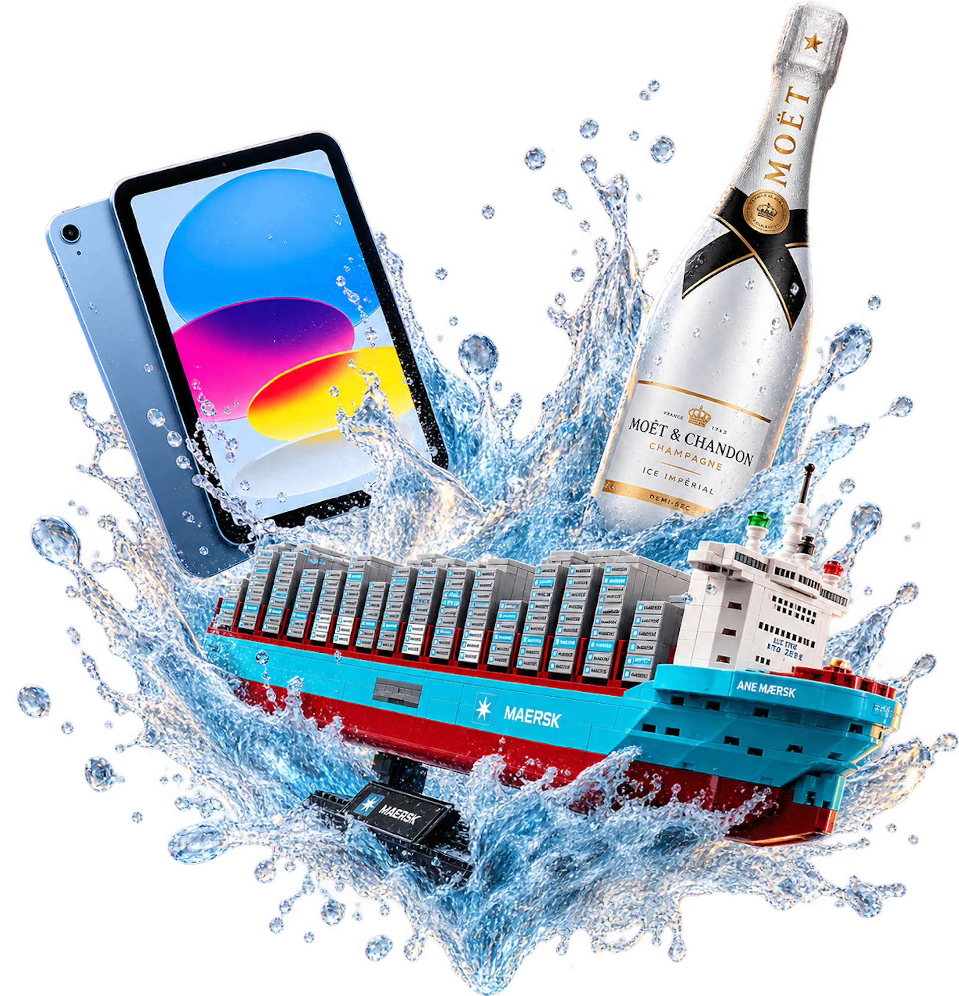 Draw prizes in a water splash: iPad, LEGO Maersk container ship and Moet champagne