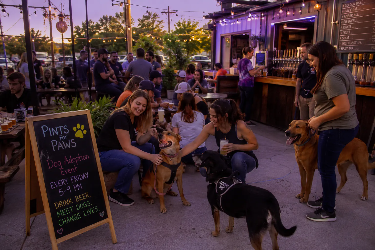 People interacting with dogs at an outdoor dog adoption event in the evening, with a sign promoting the event and a bar serving drinks in the background.