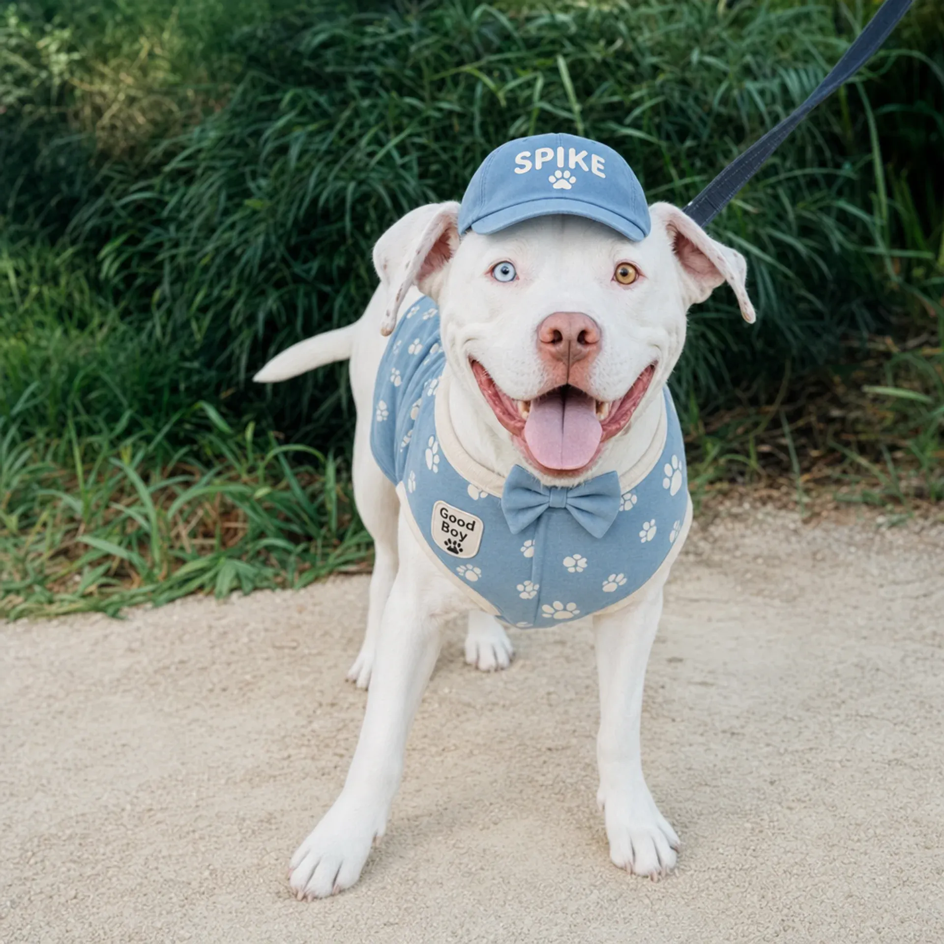White dog with heterochromatic eyes wearing a blue hat, blue vest with paw prints, a bow tie, and a "Good Boy" patch, standing on a dirt path with grass in the background.