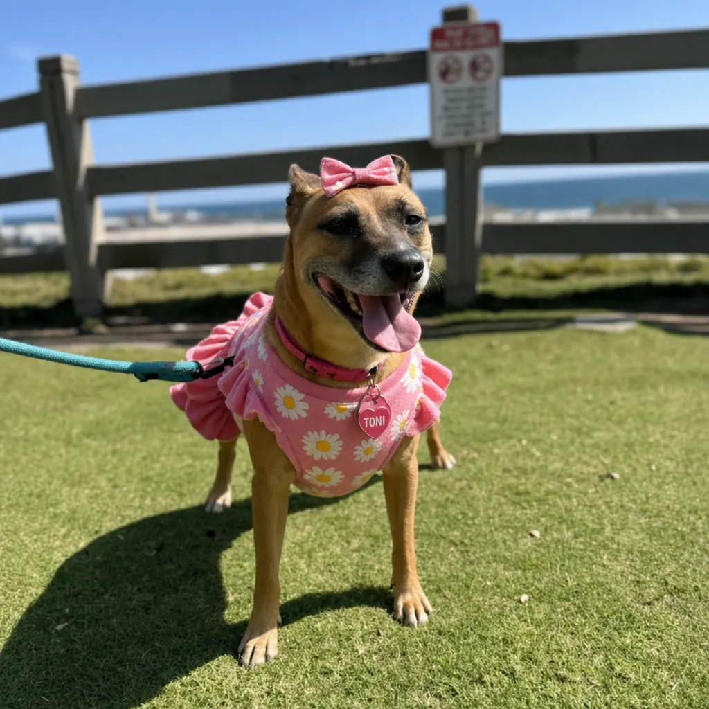 Small brown dog wearing a pink dress with white daisies and a matching pink bow on its head, standing on grass with a leash attached to its collar.