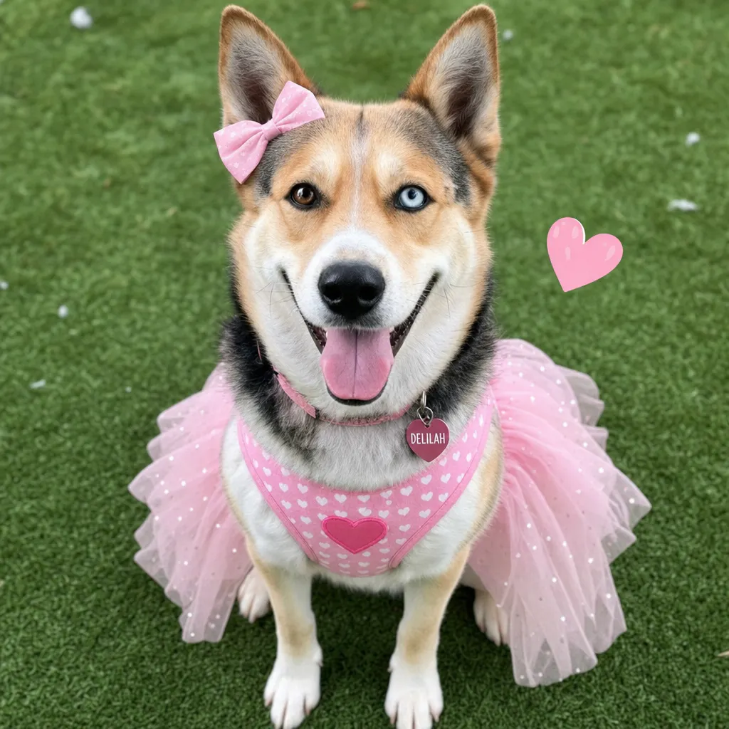 Dog with heterochromia wearing a pink heart-patterned dress, pink bow on the head, and a heart-shaped tag that reads "Delilah," sitting on grass with a pink heart graphic nearby.