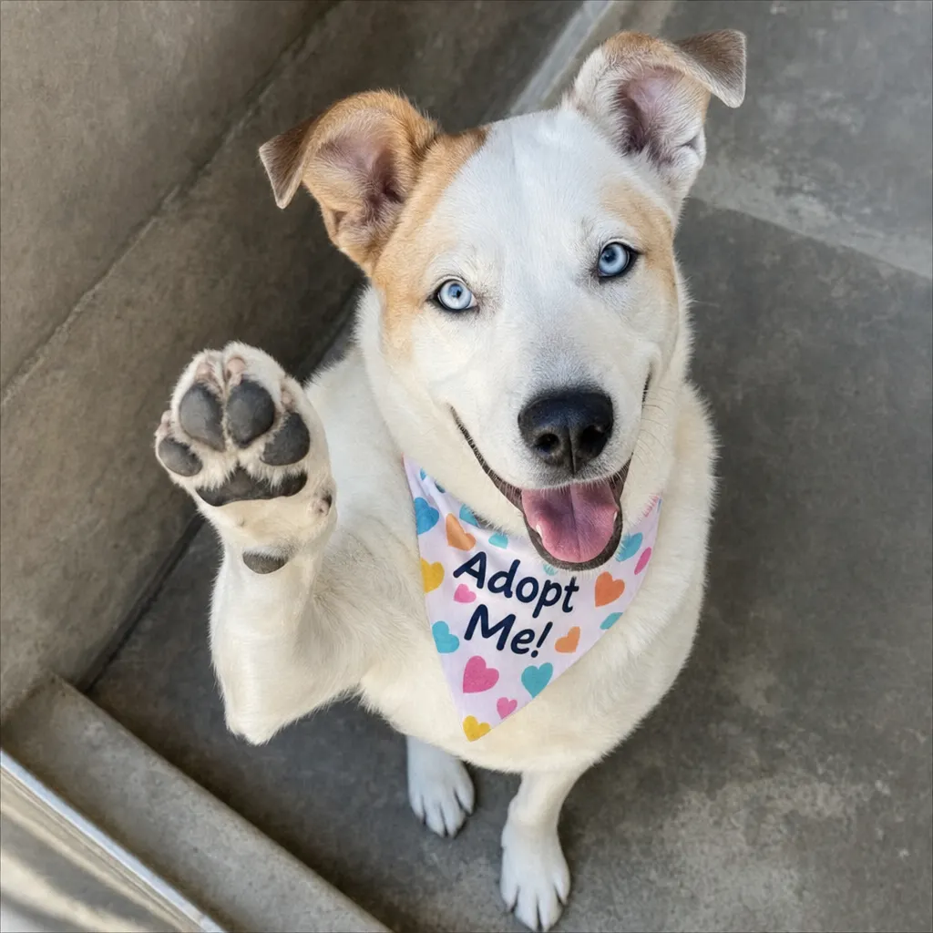Dog with blue eyes wearing a colorful heart-patterned bandana that says "Adopt Me!" raising one paw while sitting on a concrete floor.