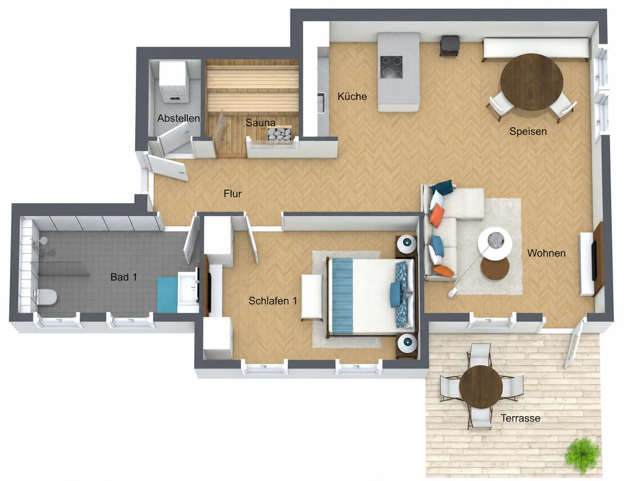 Grundriss 2 Zimmer mit Terrasse, Wohnung 1