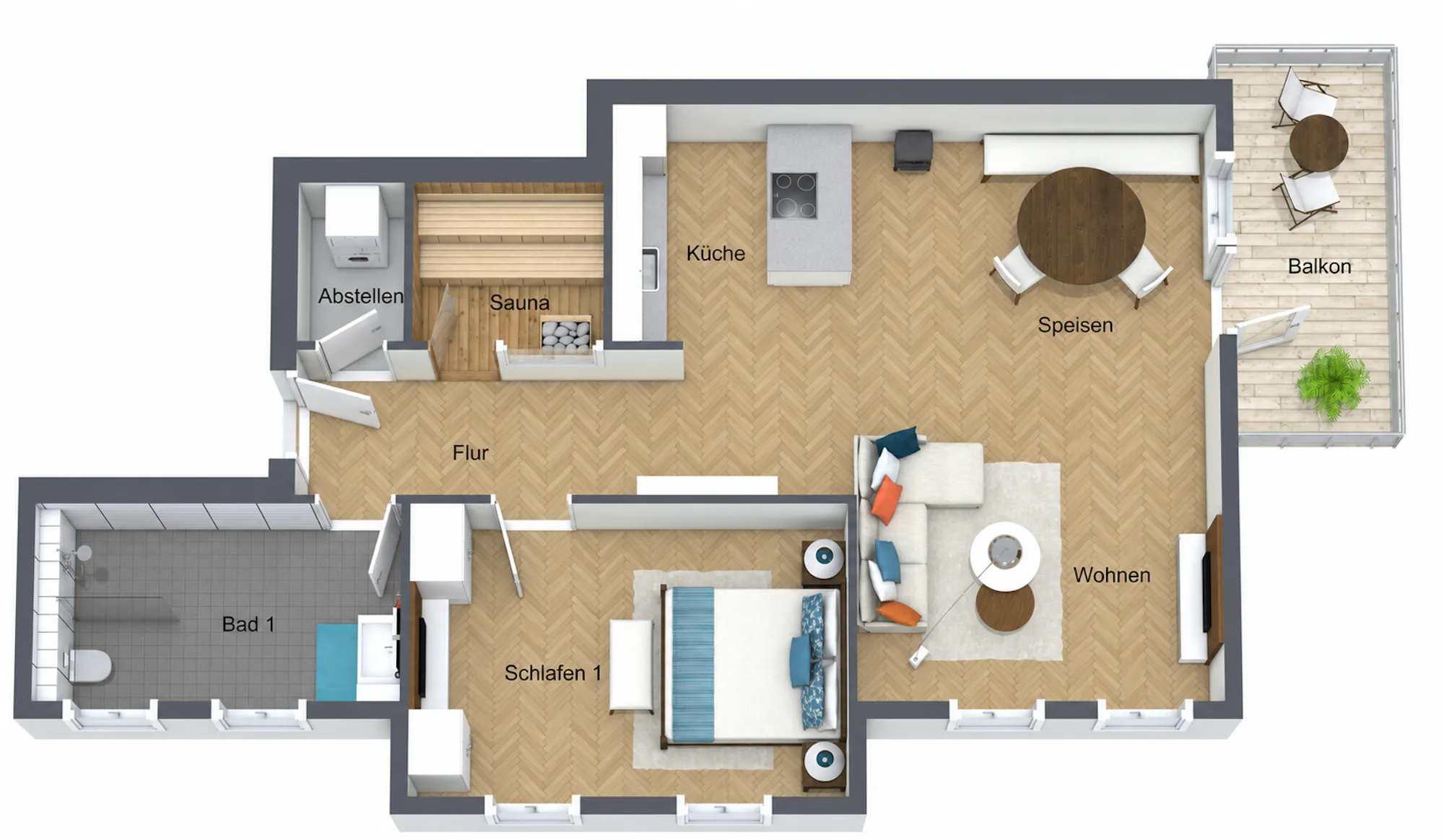Grundriss 2 Zimmer mit Balkon, Wohnungen 3 und 5