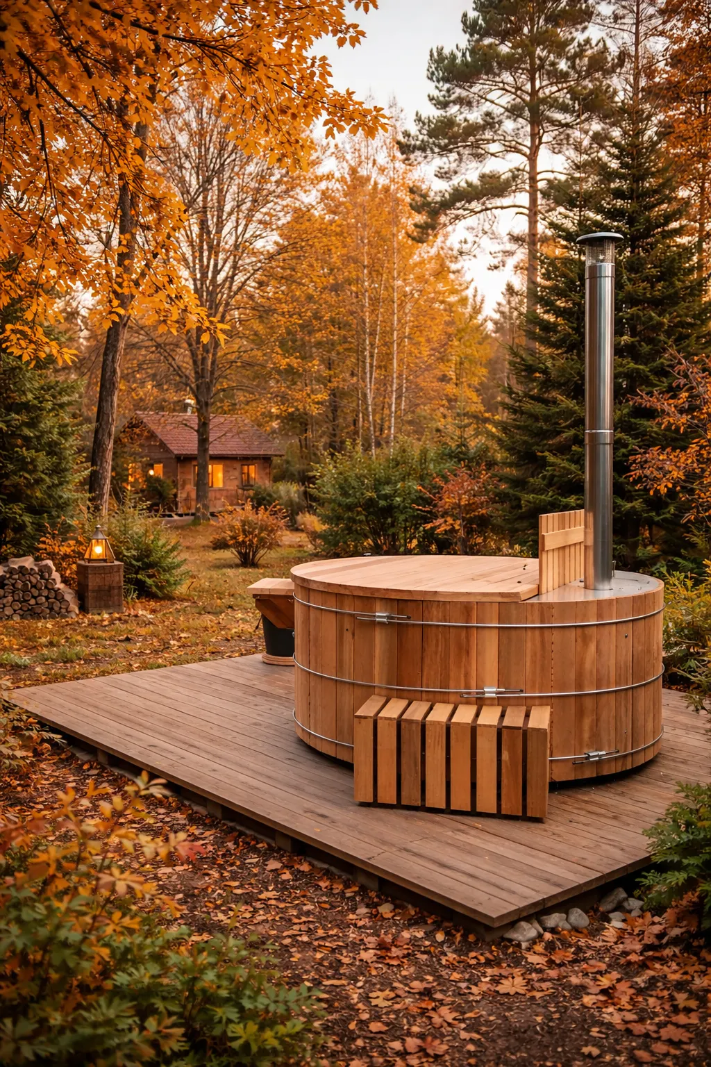 Wooden hot tub with chimney on a deck surrounded by autumn trees and foliage, with a small cabin visible in the background.
