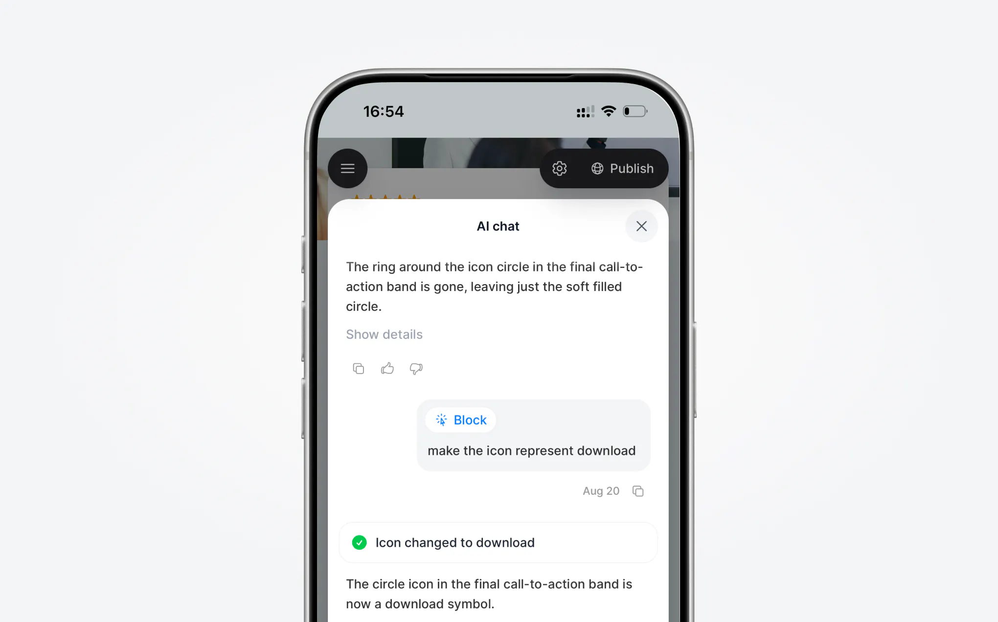 Chat screen on a smartphone showing a conversation about changing an icon to represent download, with a confirmation message stating the icon has been updated.