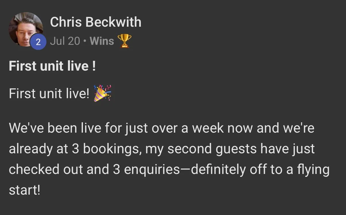 Chris: first unit live with three bookings