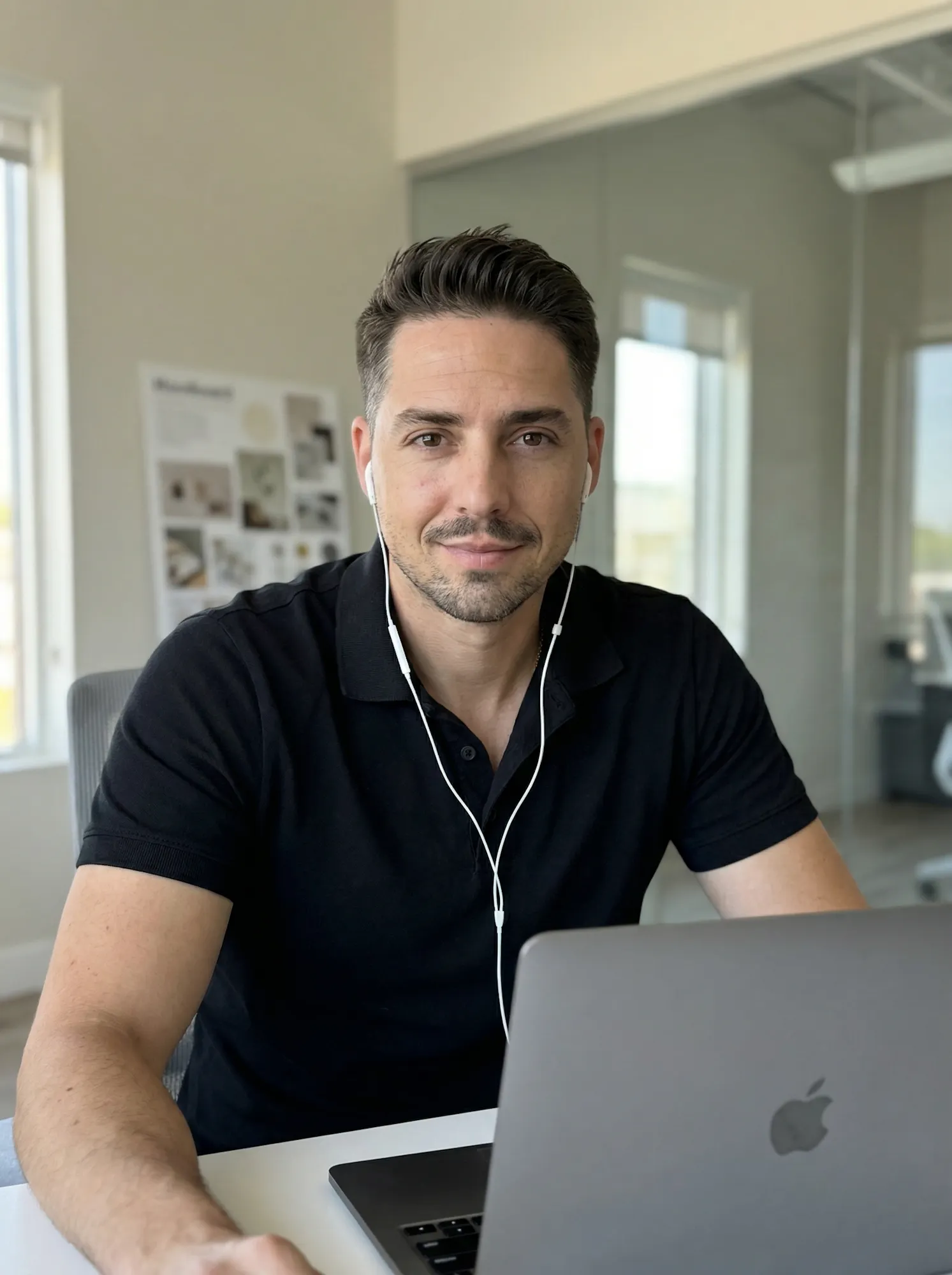 Betriebsinhaber mit Headset am Laptop im Büro