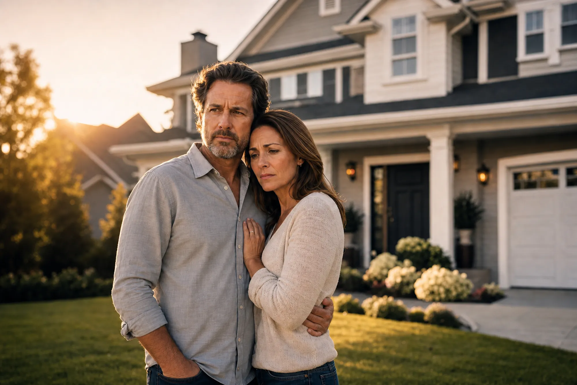 Concerned couple standing in front of their home at sunset