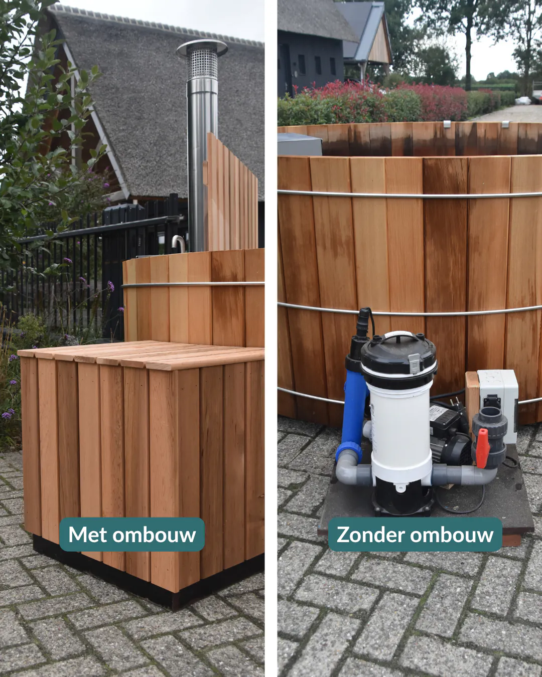 Wood-clad pump enclosure labeled "Met ombouw" on left, and exposed pump system labeled "Zonder ombouw" on right beside a large wooden hot tub.